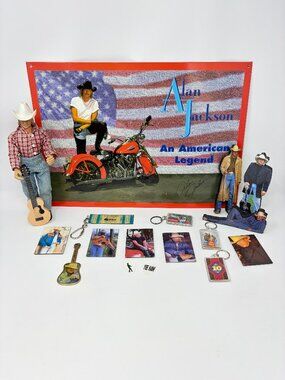 Lot of Alan Jackson Vintage Memorabilia Metal Sign Figure Keychains Magnets Pick